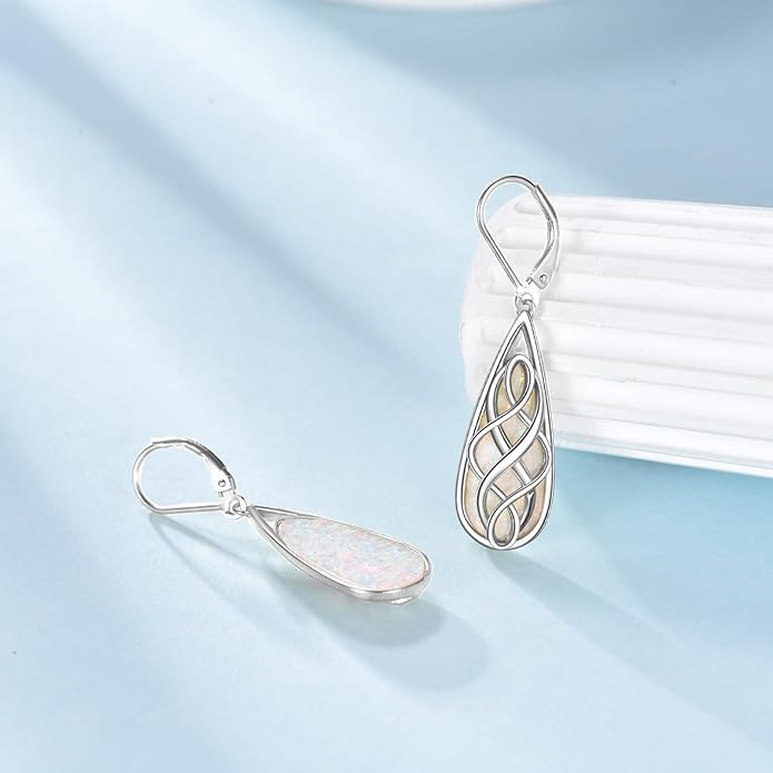 VONALA White Opal Celtic Knot Dangle Drop Earrings for Women 925 Sterling Silver Boho Chic Jewelry Gift for Women