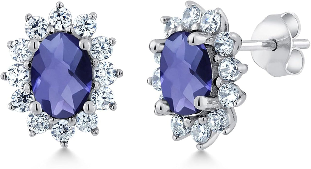 Gem Stone King 7X5MM Oval Gemstone Birthstone Stud Earrings For Women | Princess Diana Royal Halo Style | 925 Sterling Silver | Fine Jewelry Gifts for Anniversary Wedding Her Mom Women Wife