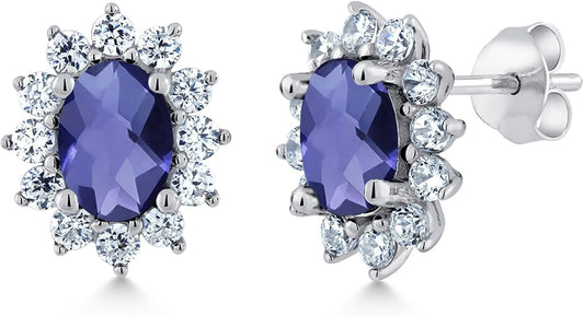 Gem Stone King 7X5MM Oval Gemstone Birthstone Stud Earrings For Women | Princess Diana Royal Halo Style | 925 Sterling Silver | Fine Jewelry Gifts for Anniversary Wedding Her Mom Women Wife