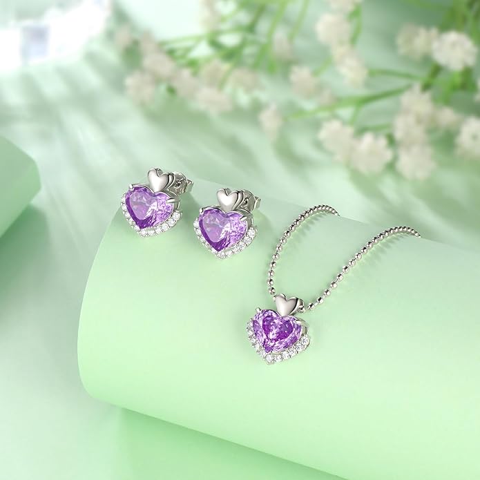 Love Heart Necklaces and Earrings with Rose Cut Birthstone Silver Plated Elegant Jewelry Set for Women CS0002