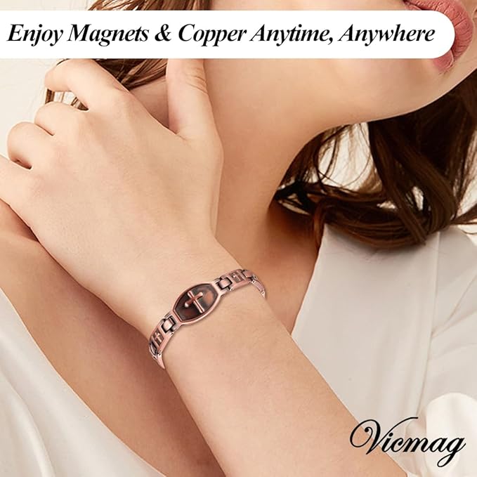 Vicmag 2PCS Men Copper Magnetic Bracelets for Couple Double Row 99.9% Solid Pure Copper Cross Bracelet Gift with Adjustment Tool