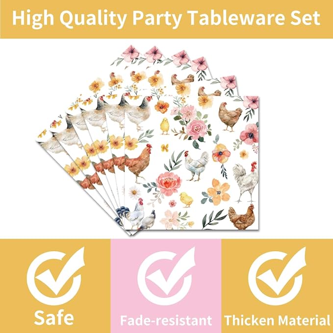 96Pcs Chicken Birthday Party Decorations Disposable Tableware Set - Floral Chick Hens Happy Birthday Paper Plates Napkins Forks Rustic Flower Poultry Dessert Farmhouse Party Supplies Serve 24 Guests