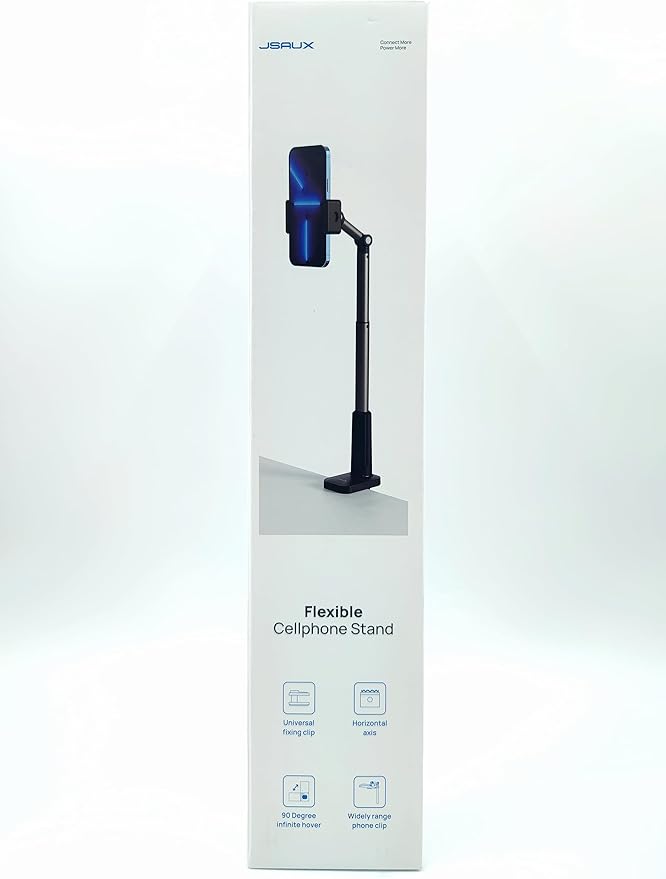 JSAUX Phone Holder for Desk and Bed Compatible with iPhone 16 15 14 13 12 Overhead Phone Mount Gooseneck Phone Stand Flexible 360 Lazy Long Arm Clamp Clip for Table Bedside [1-Pack, White]