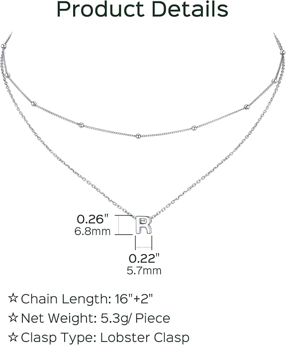 ChicSilver Layered Initial Necklace for Women, 925 Sterling Silver Personalized Letter A-Z Pendant Necklaces, Hypoallergenic Silver Choker with Adjustable 16" Rolo Chain, Dainty Birthday jewelry