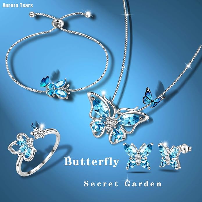 Aurora Tears Butterfly Jewelry,Women 925 Sterling Silver Butterflies Birthstone Pendant Necklace/Earrings/Rings Wedding Gift