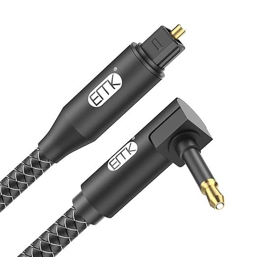 EMK Premium 90° Right-Angle Mini Toslink Cable (6Ft/2M) - 3.5mm Optical Digital Audio Cable for Sound Bars, TVs & Home Theater - SPDIF/Toslink Compatible, Black
