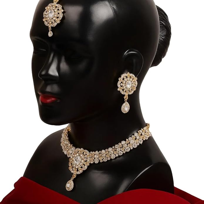 Touchstone Indian jewelry sets for women gold wedding tikka necklace set guest costume fancy bridal jewellery rhinestone crystal elegant formal prom evening wear dainty accessories