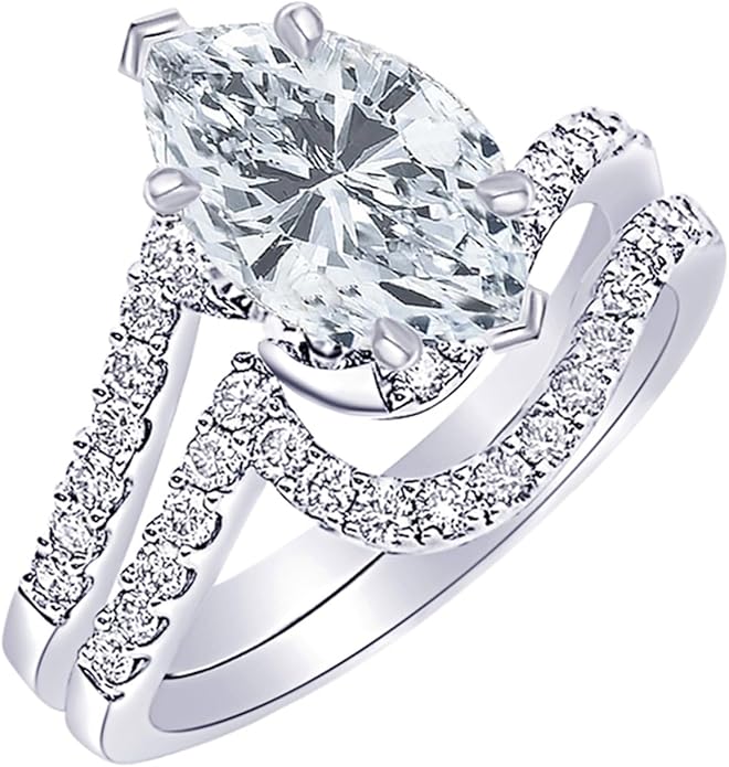 14K White Gold 2.25 Carat LAB GROWN DIAMOND Curving Pave & Prong-set Round Marquise Cut Diamond Engagement Ring and Wedding Band Set (E-F Color VS2-SI1 Clarity 1.5 Ct Center)