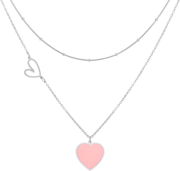 Linawe Layered Choker Heart Pendant Necklace for Women Trendy, Gold/Silver/Rose Gold Chain Stainless Steel Stacked Necklaces, Double Heart Necklace Y2K Preppy Jewelry