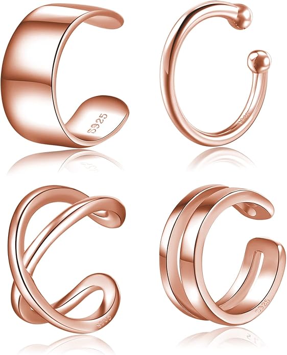 CHIC & ARTSY 925 Sterling Silver Ear Cuffs for Women, Non Piercing Clip On Cartilage Cuffs, Adjustable Fake Conch & Helix Earrings, Gold Plated & Oxidized Various Styles