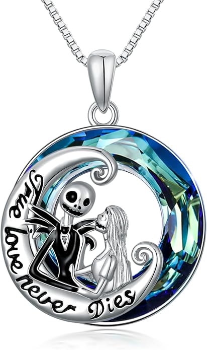 LILALO Nightmare Necklace Sterling Silver Abalone Shell Crystal Jack and Sally Necklace Jack Skellington Skull Jewelry Skull Necklaces for Women