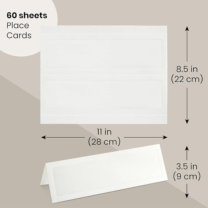Blank Foldover Place Cards - Printable Cardstock for Inkjet & Laser - Wedding Seating Chart & Buffet Label - Table Name Card & Name Tag - 3.5 x 11 in, White, Pack of 60