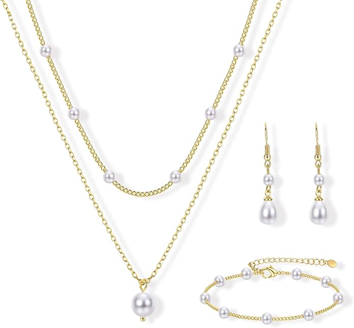 YADOCA Gold Jewelry Set for Women - 16K Gold Plated Pearl Necklace and Earring Set With Drop Earrings,Charm Layered Necklace,Adjustable Bracelets - Dainty Women's Pearl Jewelry Set For Wedding Gifts