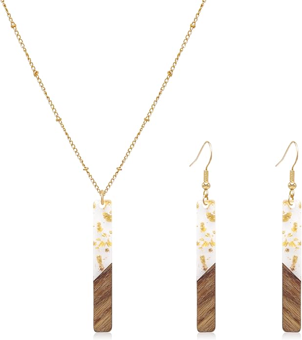 Bar Necklace Earrings for Women 16K Gold Plated Trendy Geometric Jewelry Set Boho Lightweight Wooden Resin Bar Pendant Necklace Dangle Earring Set,Gift for Her,Mom,Wife