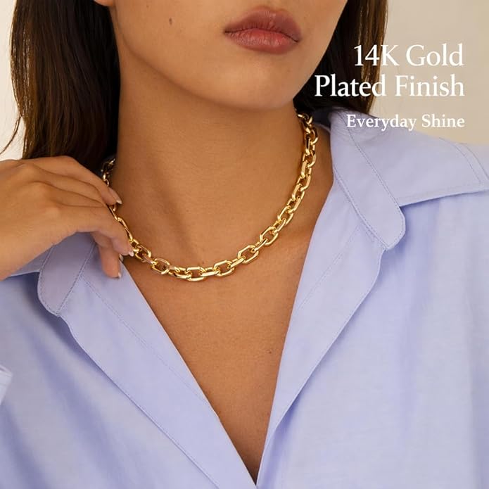 Gold Necklace for Women - Chunky 14K Gold Plated Chain Necklace Cuban Link Paperclip Chain Herringbone Statement Choker Necklace for Women Simple Trendy Jewelry Gifts