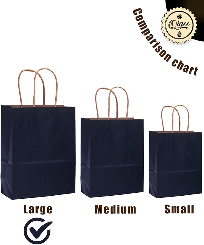 qiqee Large Kraft Paper Bags with Handles 13"x10"x5" 32 pcs Gift Paper Bag Navy Blue Solid Color Bags（Large Size）