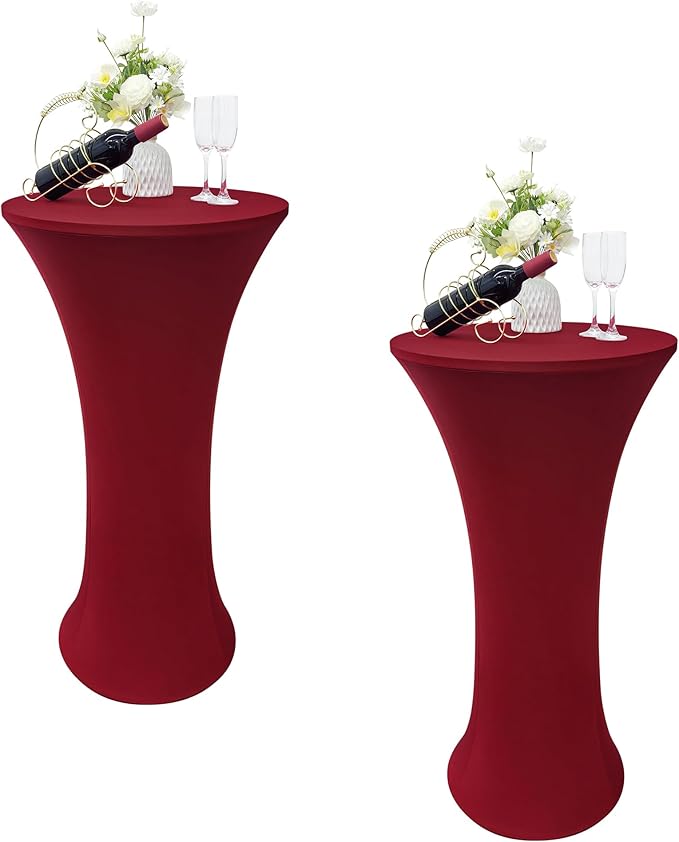 2PCS 24x43 Inch Round Fitted Cocktail Table Cover Burgundy Spandex Cocktail Table Cloth Highboy Fitted Tablecloth High Top Table Cloths for Party Pub Banquet Bistro