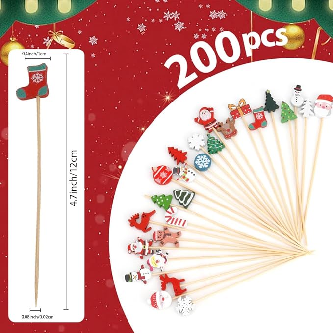 200pcs Christmas Toothpicks For Appetizers Christmas Cocktail Picks For Drinks 4.7inch christmas Skewers For Appetizers Party Cupcake Picks For Charcuterie Board New Years Cocktail Picks