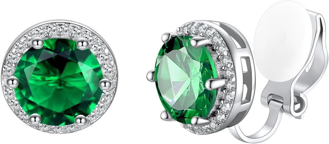 Silvora 925 Silver 8MM Cubic Zirconia Birthstone Clip On Stud Earrings Round Non Pierced Earrings For Women,Come with Box
