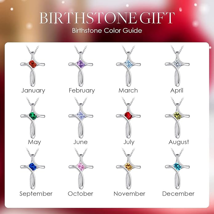 Cross Necklace for Women, 925 Sterling Silver Birthstone Necklace for Women with Diamond Sideways Cross Necklaces Birthstone Jewelry Birthday Gifts for Womens