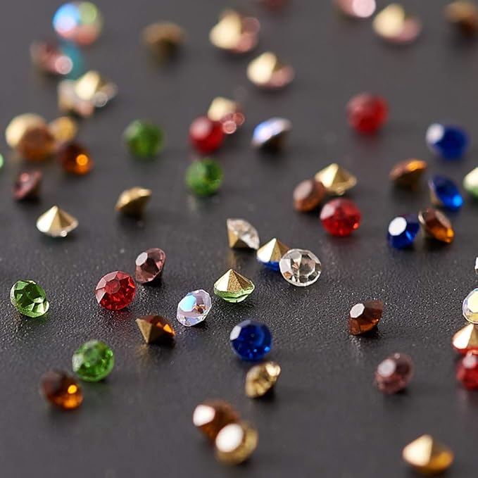 Fashewelry 1440Pcs Pointed Back Clear Glass Rhinestone Cabochons 2mm Mini Faceted Crystal Diamante Gem Cab Covers with Gold Plated No Hole for DIY Jewelry Making, Randomly Mixed Colors