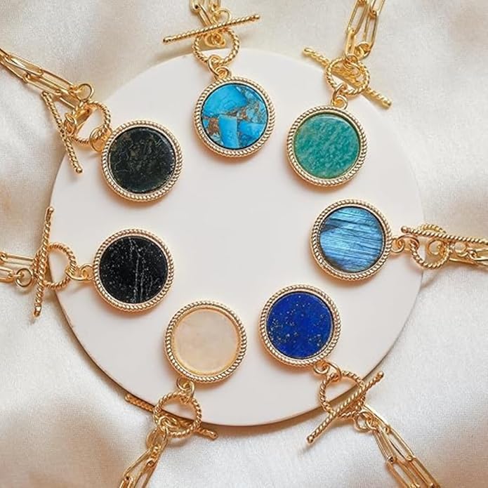 Gempires Gemstone Coin Front Toggle Pendant Necklace for Women with Gold Paperclip Chain, Natural Crystal Pendant with Toggle Clasp, Handcrafted Perfect Jewelry Gift for her