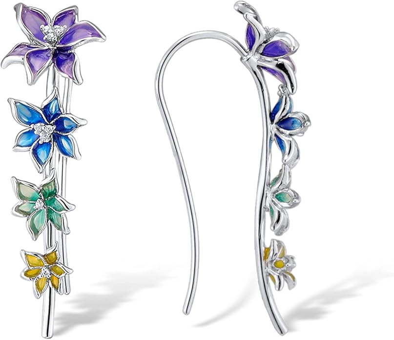 Santuzza 925 Sterling Silver Enamel Flower Ear Cuffs Climber Earrings for Women