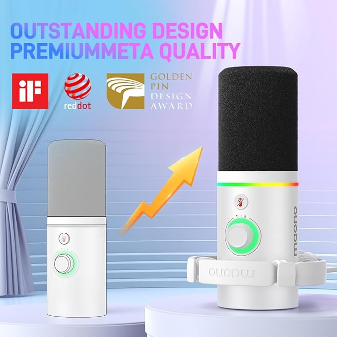 MAONO XLR/USB Dynamic Microphone, RGB Gaming Mic with Software, Mute, Gain Knob, Volume Control and Headphone Jack for Streaming, Podcasting, Recording-PD200X (White)