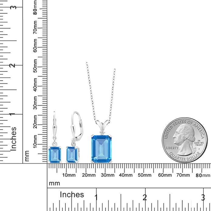 Gem Stone King 9-13 Cttw Pendant and Earrings Jewelry Set For Women | Emerald Cut 14X10MM and 8X6MM | Round 1.5MM | Gemstone Birthstone and Diamond | 925 Sterling Silver | 18 Inch Silver Chain