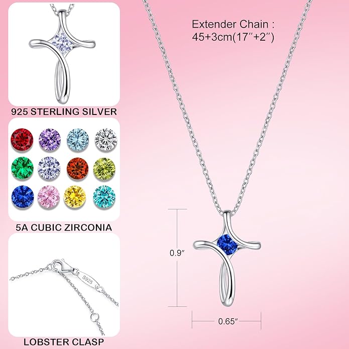 Cross Necklace for Women, 925 Sterling Silver Birthstone Necklace for Women with Diamond Sideways Cross Necklaces Birthstone Jewelry Birthday Gifts for Womens
