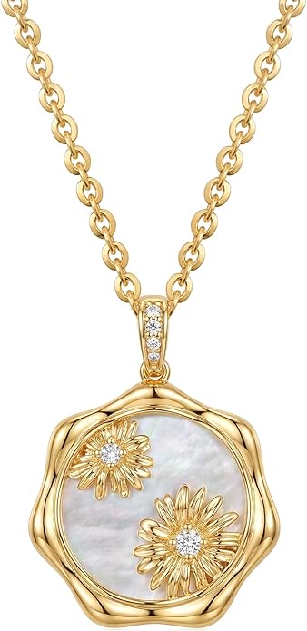 MEVECCO Birth Flower Necklace For Women 18k Gold Plated Mother Of Pearl Disc Floral Pendant Necklace Dainty 12 Birth Month Flower Handmade Personalized Jewelry Anniversary Christmas Birthday Gifts