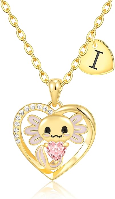 C-leen Axolotl Valentines Day Gifts for Her, 14K Gold Plated Axolotl Initial Necklace Cute Heart Initial Pendant Necklaces Birthday Valentines Day Gifts for Kids Girls Women
