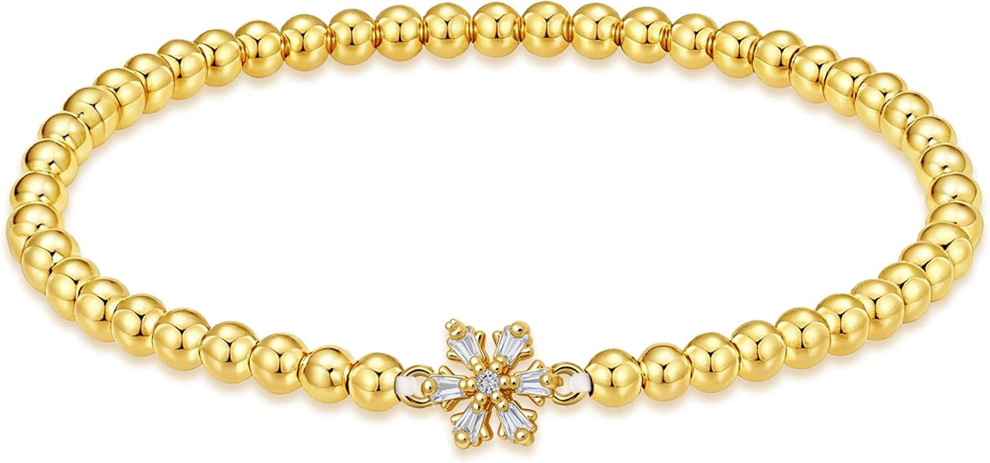HZDK Gold Bracelets for Women - 14K Gold Plated Beaded Bracelets for Women Gold Jewelry Stackable Charm Bracelet Dainty Stretch Bead Bracelet Christmas Gifts for Her