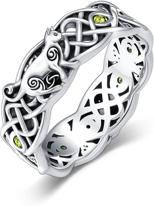Seiyang Celtic Cat Ring 925 Sterling Silver Irish Trinity Knot Celtic Cat Wedding Promise Ring with 12 Months Birthstone Irish Lucky Jewelry Gifts for Women Mom Her