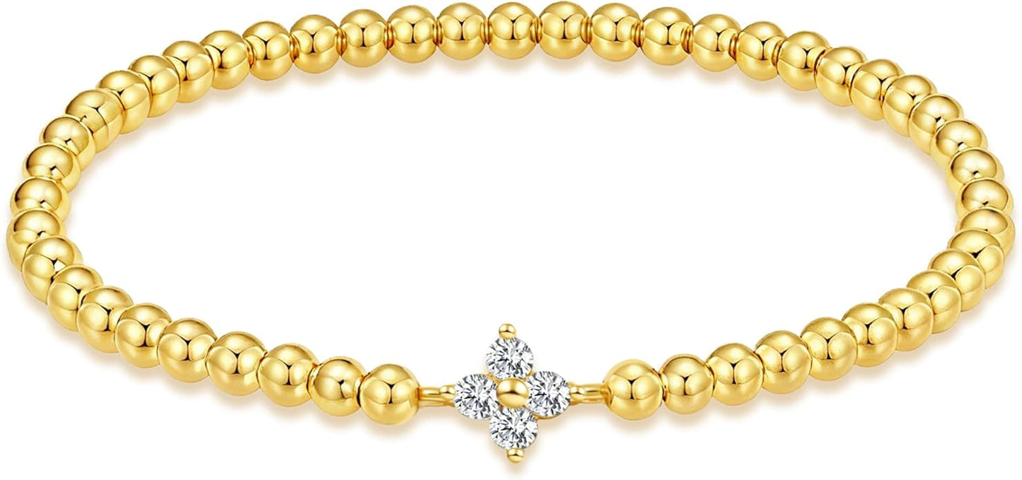 HZDK Gold Bracelets for Women - 14K Gold Plated Beaded Bracelets for Women Gold Jewelry Stackable Charm Bracelet Dainty Stretch Bead Bracelet Christmas Gifts for Her