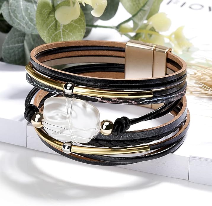 Fesciory Leather Wrap Bracelets for Women, Boho Leopard Multi-Layer Crystal Beads Cuff Bracelet Jewelry