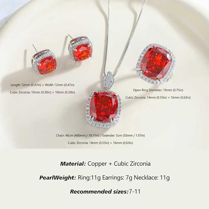Jewelry for Women Sets Gold-Plated Sterling Silver CZ or Faux Gemstone Cushion-cut Necklace & Ring & Stud Earring set for Bridesmaids, Comes With a Gift Box.