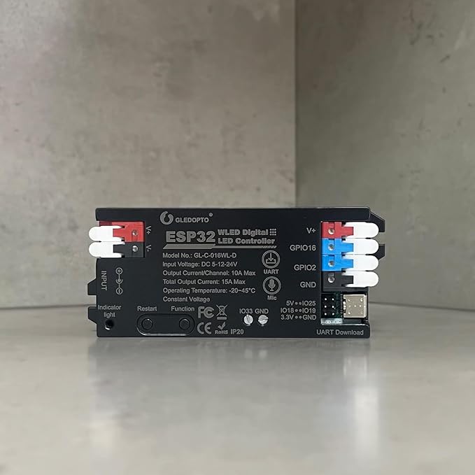 ESP32 WLED LED Strip Light Controller 15A Fuse Link Built in Mic UART Type-C Energy Saving Relay App Control Wago Wiring for RGB IC Addressable Digital WS2811 WS2812 SK6812 TM1814 WS2813 WS2815 etc