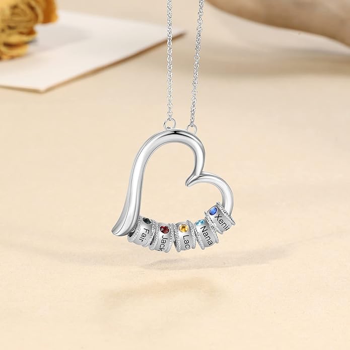 Personalized Women's Pendant Necklace 925 Sterling Silver with 1-5 Simulated Birthstone Names Customized Heart Shape Cubic Zirconia Necklace