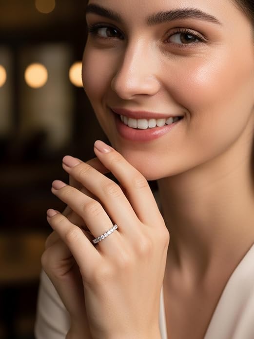 D Color VVS1 Clarity Moissanite Hand Setting Eternity Rings for Women, Solid 925 Sterling Silver Rhodium Finish, Stackable Ring, Wedding Birthday Valentines Anniversary Mothers Day Ideal Gift for Her