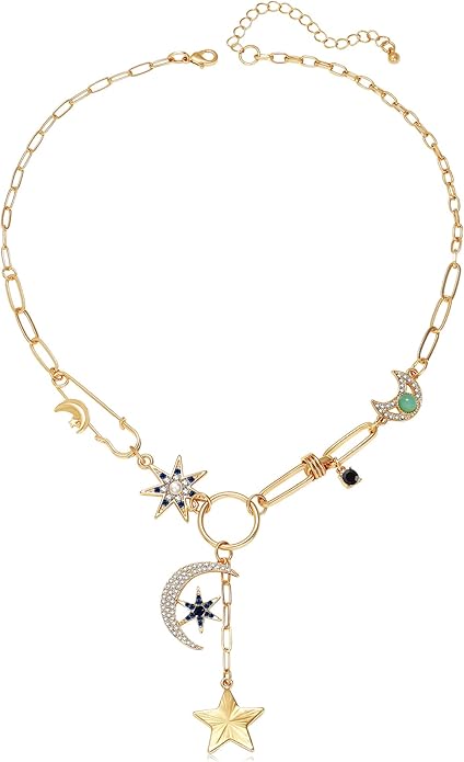 Charm Necklace for Women Gold Evil Eye Sun Moon Flower Coin Pendant Necklace Dainty Paperclip Chain Vintage Luck Amulet Choker Necklaces Celestial Jewelry Gift