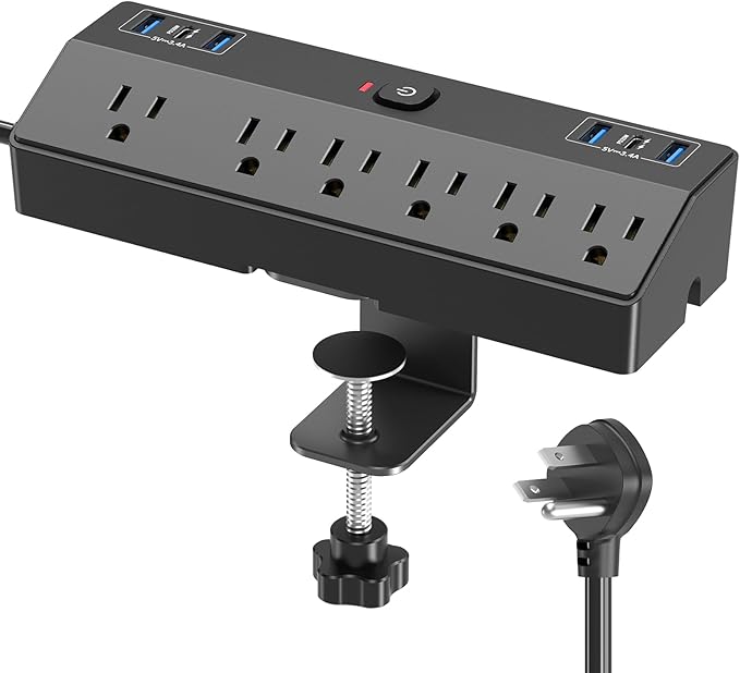 Desk Clamp Power Strip with 40W Fast Charging Station, JXGUCAT 10ft Flat Plug Power Strip Surge Protector, 2 USB-C Ports, 6 AC Outlets, Fit 2.48" Tabletop Edge, Home Office Desk Accessories Essentials