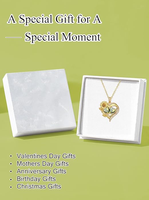 Sunflower Heart Necklace for Women 14K Gold Exquisite Valentines Day Anniversary Birthday Gifts for Wife Mother Her Double Birthstone Pendant Jewelry‘You Are My Sunshine’