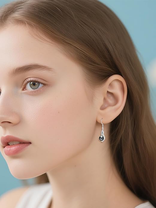Tahitian Black Pearl Earrings Gifts for Women Wife Celtic Dangle Drop Earrings Wedding Birthday Anniversary Jewelry Valentines Christmas Day Gifts 925 Sterling Silver