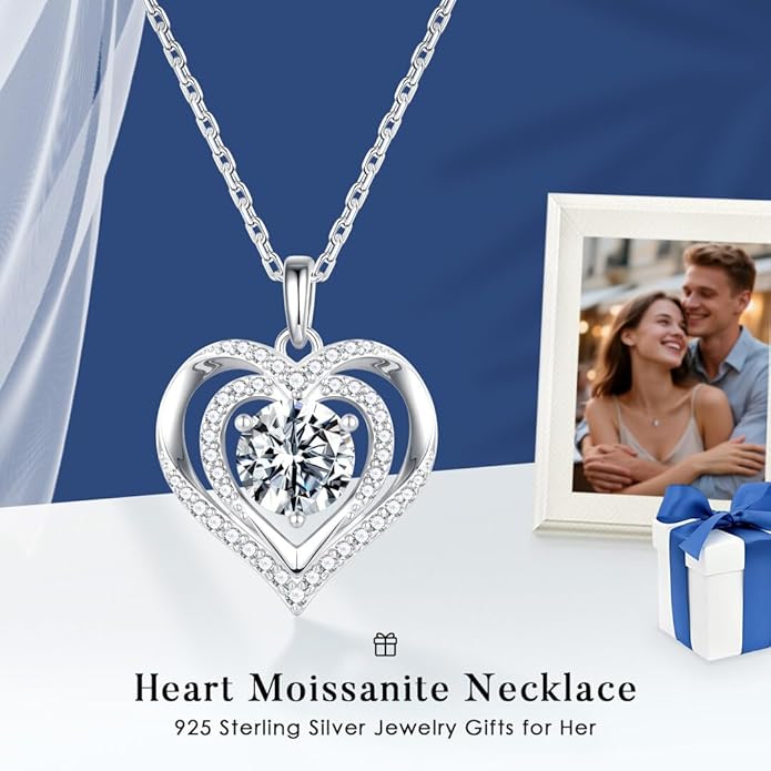 MOOSEA Valentines Day Gifts for Her - 925 Sterling Silver Double Heart Moissanite Necklace, 1-3 Carat VVS1 Clarity Lab Created Moissanite Anniversary Birthday Gift for Women Wife Girlfriend Mom