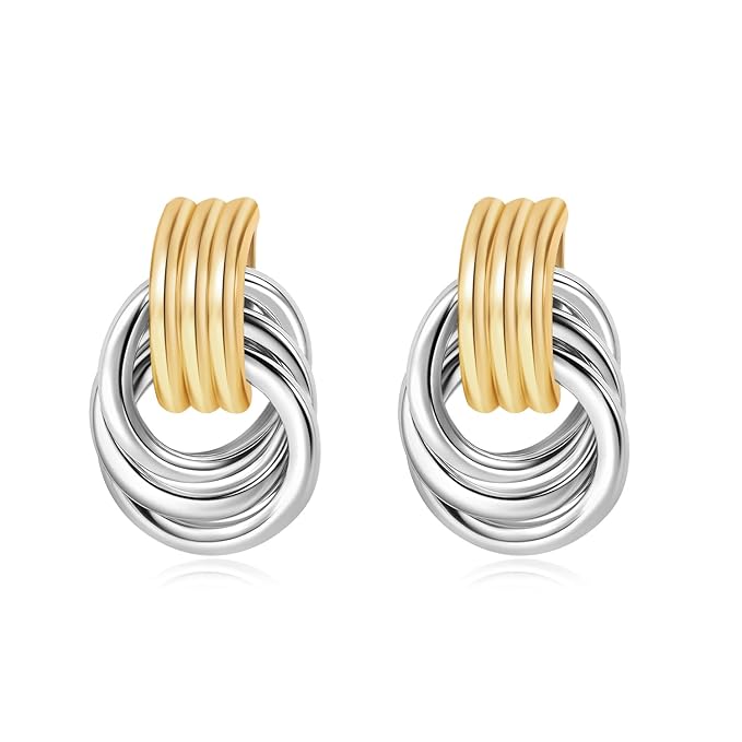 Knot Link Earrings Chunky, Circle Drop Dangle Statement Studs for Women, Silver and Yellow