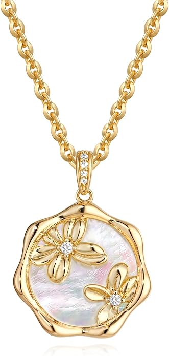 MTMY Birth Flower Necklace 14K Gold Plated Mother of Pearl Disc Birth Month Flower Pendant Necklaces for Women Personalized Custom Floral Jewelry Birthday Gift
