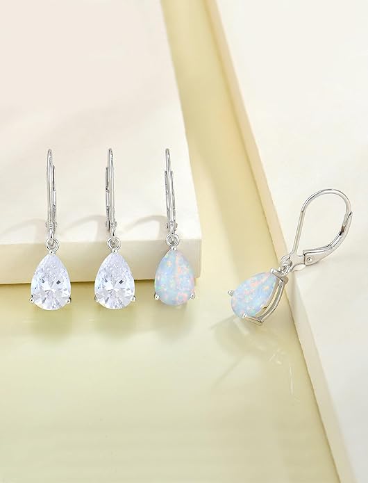 YL 925 Sterling Silver Teardrop Dangle Drop Earrings for Women 7x10 MM Solitaire Birthstone Leverback Jewelry