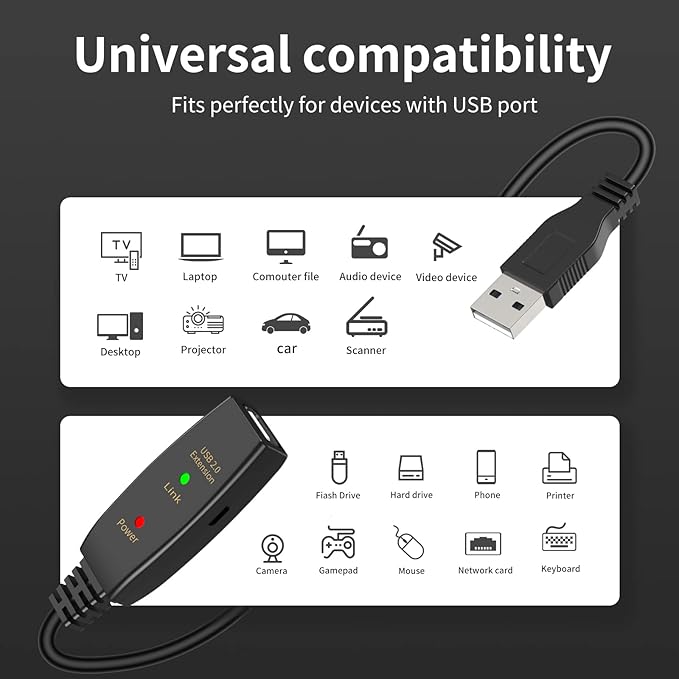 LDKCOK 100FT Active USB Extension Cable 2.0 Male to Female with A Extension chipset Signal Booster - Active Extension/Repeate