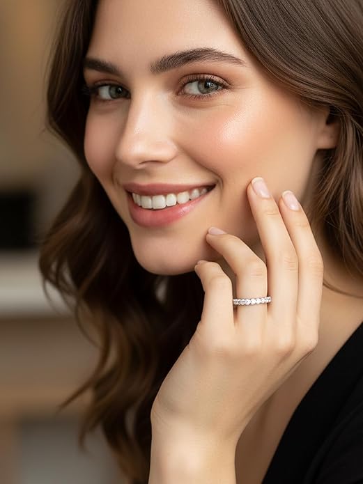 D Color VVS1 Clarity Moissanite Hand Setting Eternity Rings for Women, Solid 925 Sterling Silver Rhodium Finish, Stackable Ring, Wedding Birthday Valentines Anniversary Mothers Day Ideal Gift for Her